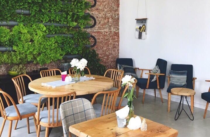 На стене в зале повешена гидропонная установка, в которой растёт зелень: мята, салат, кинза и базилик.